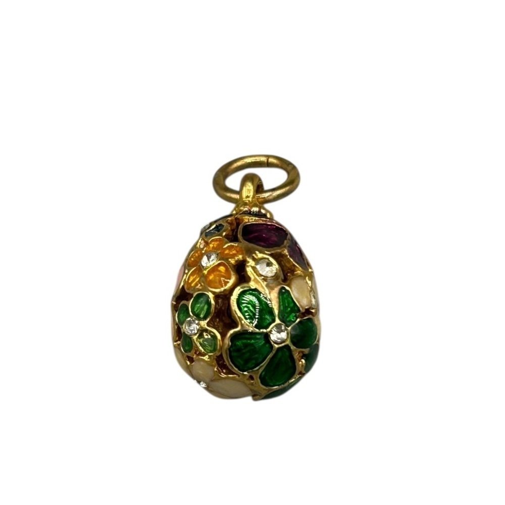 Vintage Floral Egg Pendant Gold-Tone Enamel Rhinestone Charm